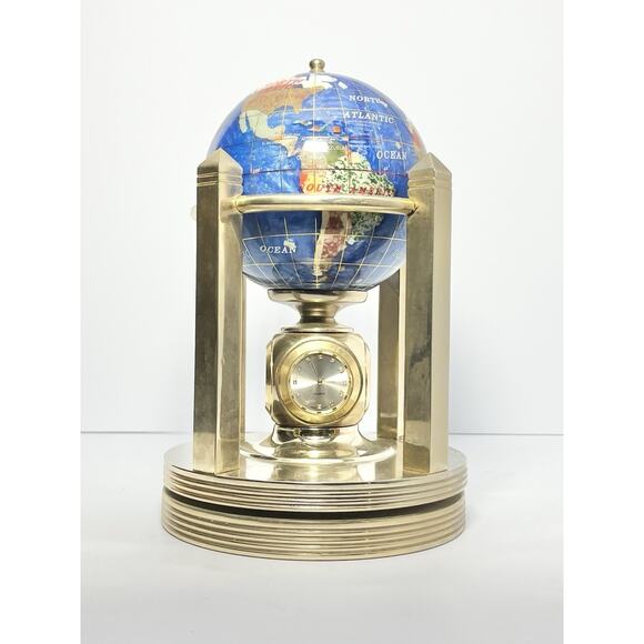 Alexander Kalifano 3-Timepieces Thermometer Rotating Gemstone Brass Globe 8.75” - Picture 2 of 9